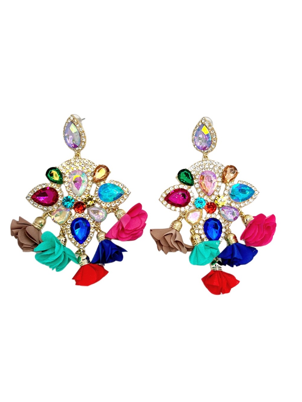 Multicolor Crystal Floral Drop Earrings with Fabric Tassels